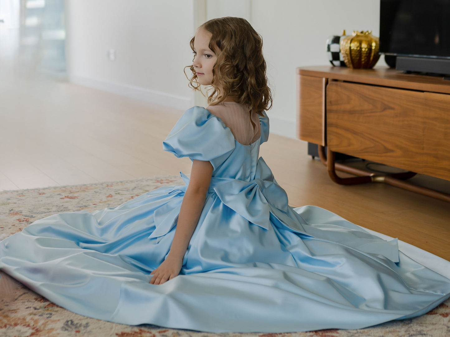 Alice Powder Blue Girls Evening Dress with Sheer Yoke & Full Skirt