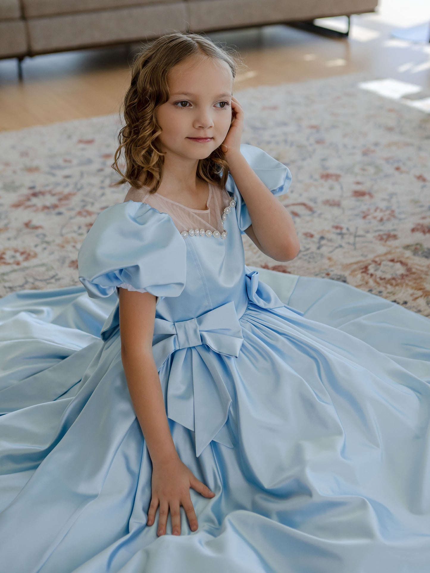 Alice Powder Blue Girls Evening Dress with Sheer Yoke & Full Skirt