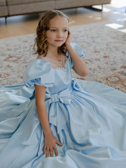 Alice Powder Blue Girls Evening Dress with Sheer Yoke & Full Skirt