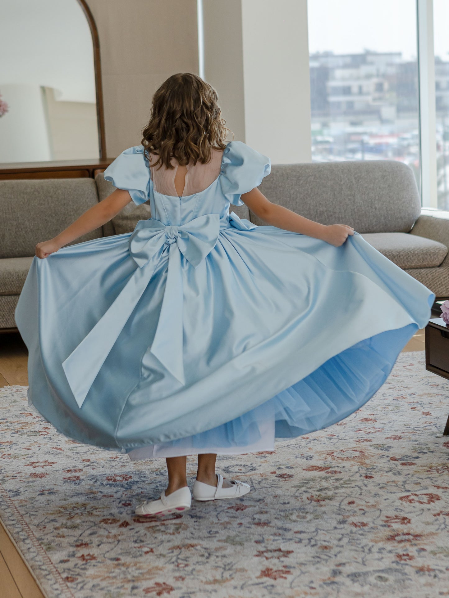 Alice Powder Blue Girls Evening Dress with Sheer Yoke & Full Skirt