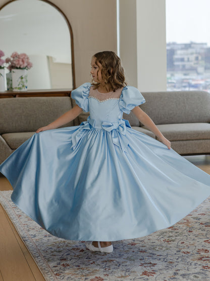Alice Powder Blue Girls Evening Dress with Sheer Yoke & Full Skirt