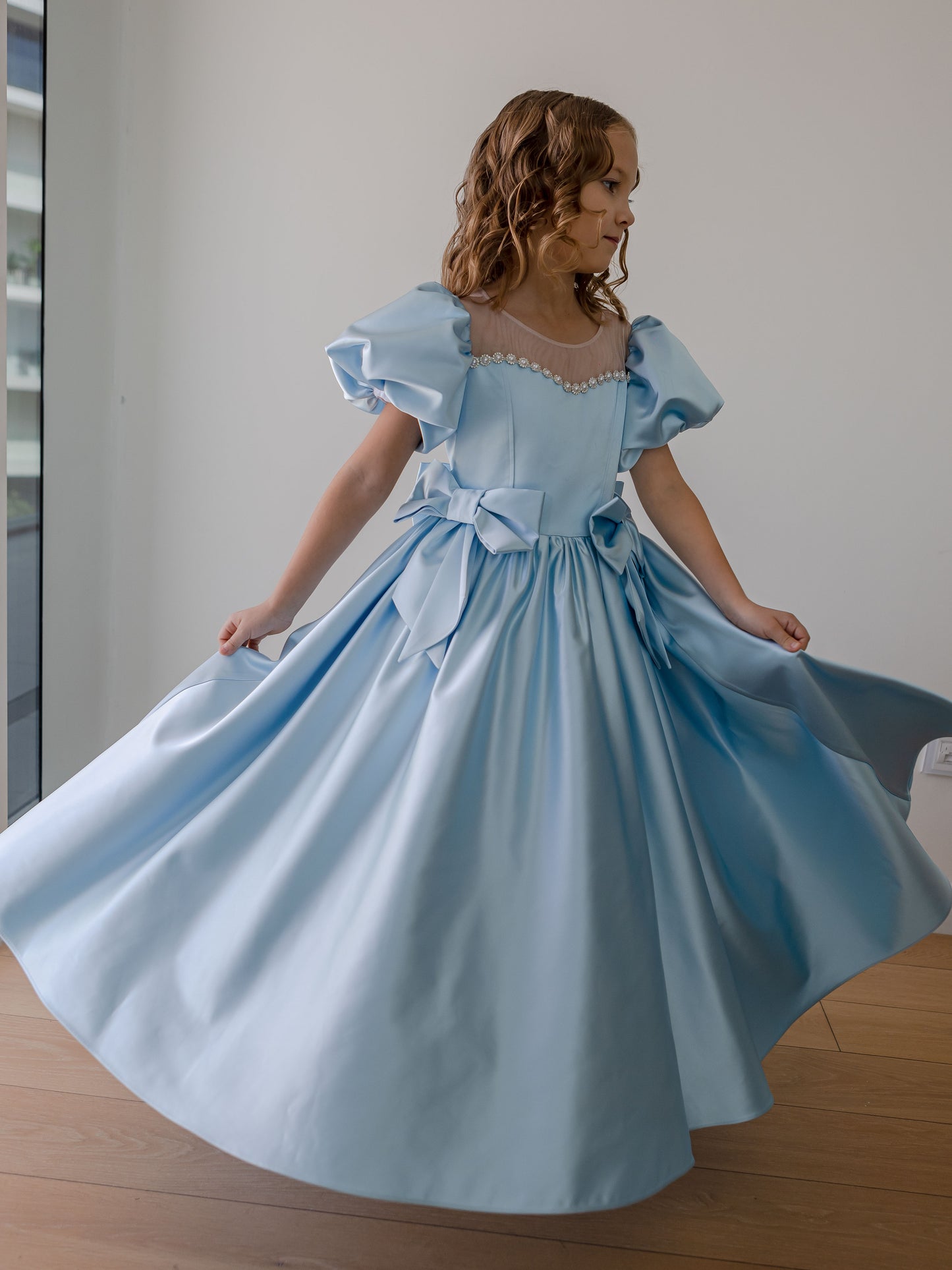 Alice Powder Blue Girls Evening Dress with Sheer Yoke & Full Skirt