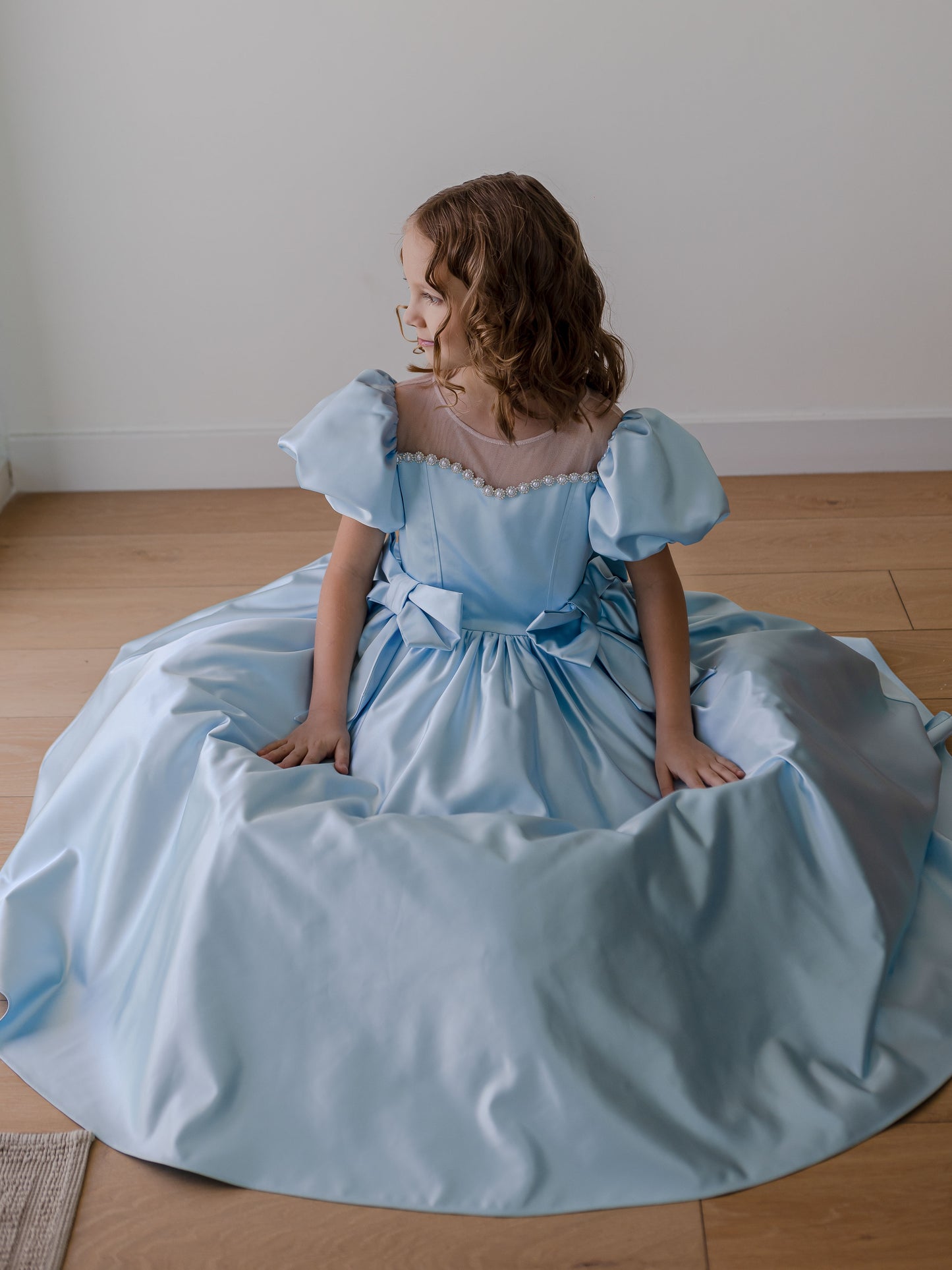 Alice Powder Blue Girls Evening Dress with Sheer Yoke & Full Skirt