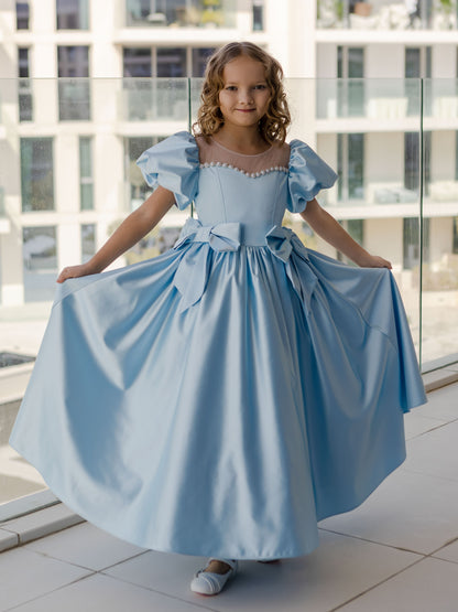Alice Powder Blue Girls Evening Dress with Sheer Yoke & Full Skirt