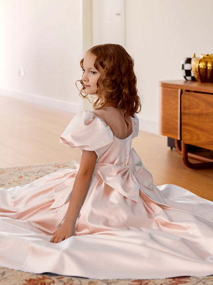 Alice Peach Blush Girls Evening Dress with Sheer Yoke & Corset Back