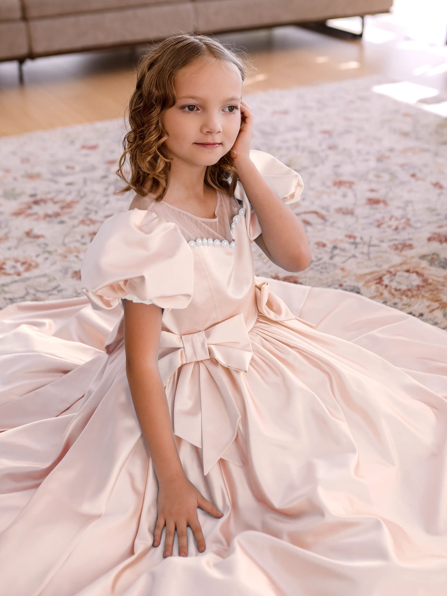 Alice Peach Blush Girls Evening Dress with Sheer Yoke & Corset Back