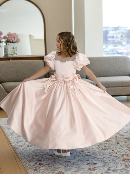 Alice Peach Blush Girls Evening Dress with Sheer Yoke & Corset Back