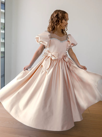 Alice Peach Blush Girls Evening Dress with Sheer Yoke & Corset Back