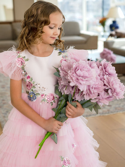 Pinky Blush Pink Girls Couture Dress with Floral Embroidery & Tiered Tulle Skirt