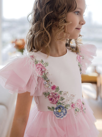 Pinky Blush Pink Girls Couture Dress with Floral Embroidery & Tiered Tulle Skirt