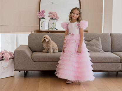 Pinky Blush Pink Girls Couture Dress with Floral Embroidery & Tiered Tulle Skirt