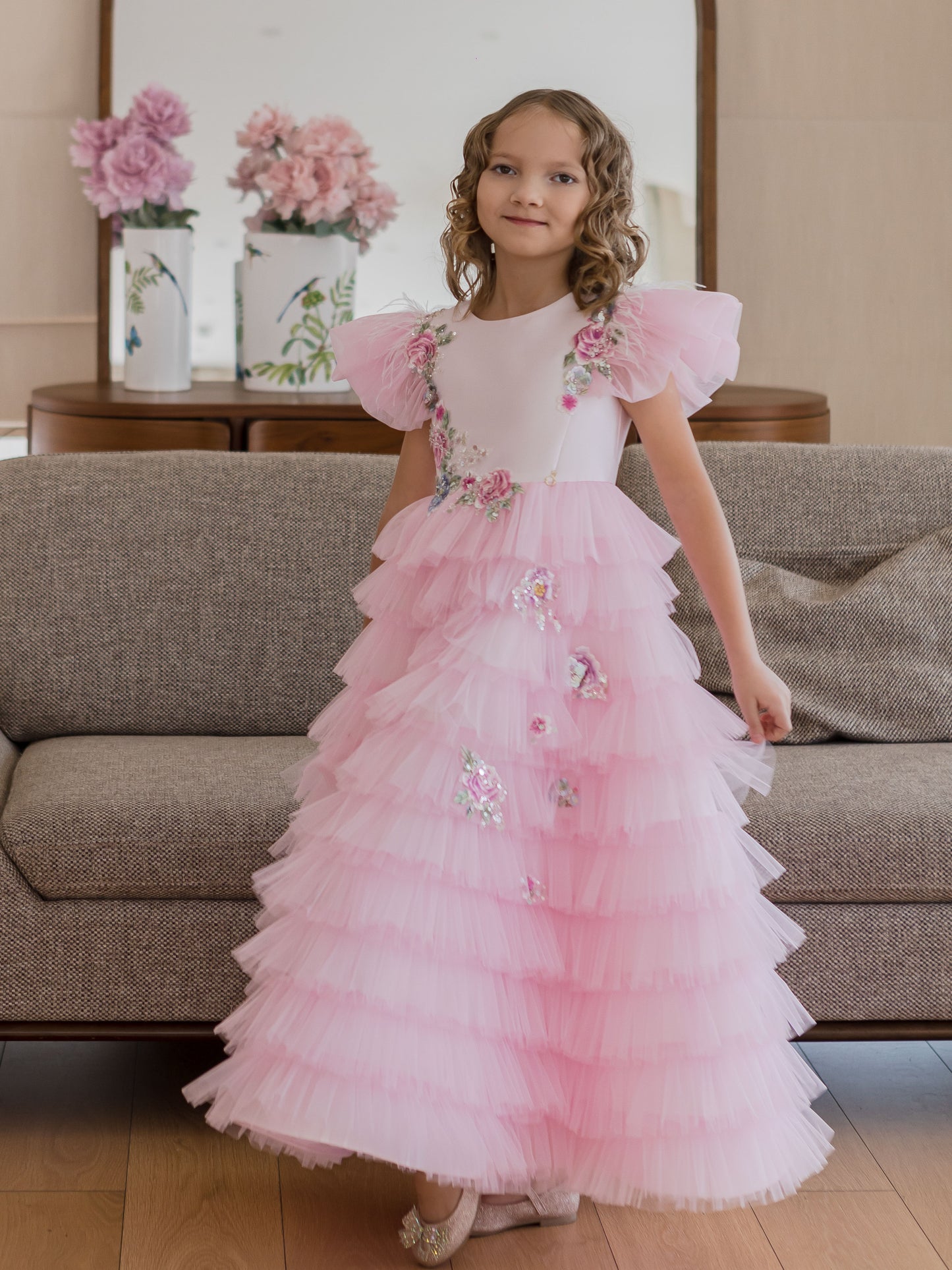 Pinky Blush Pink Girls Couture Dress with Floral Embroidery & Tiered Tulle Skirt