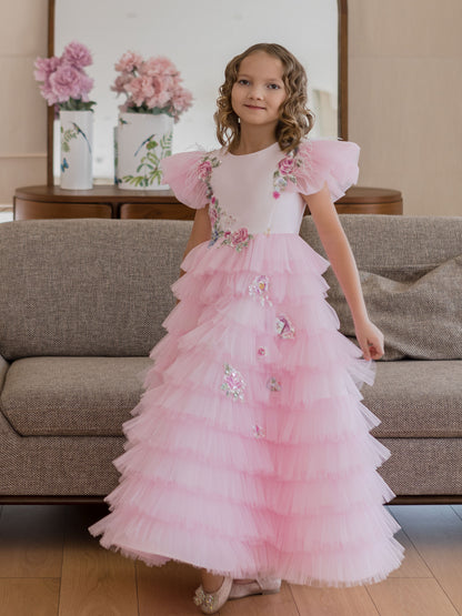 Pinky Blush Pink Girls Couture Dress with Floral Embroidery & Tiered Tulle Skirt
