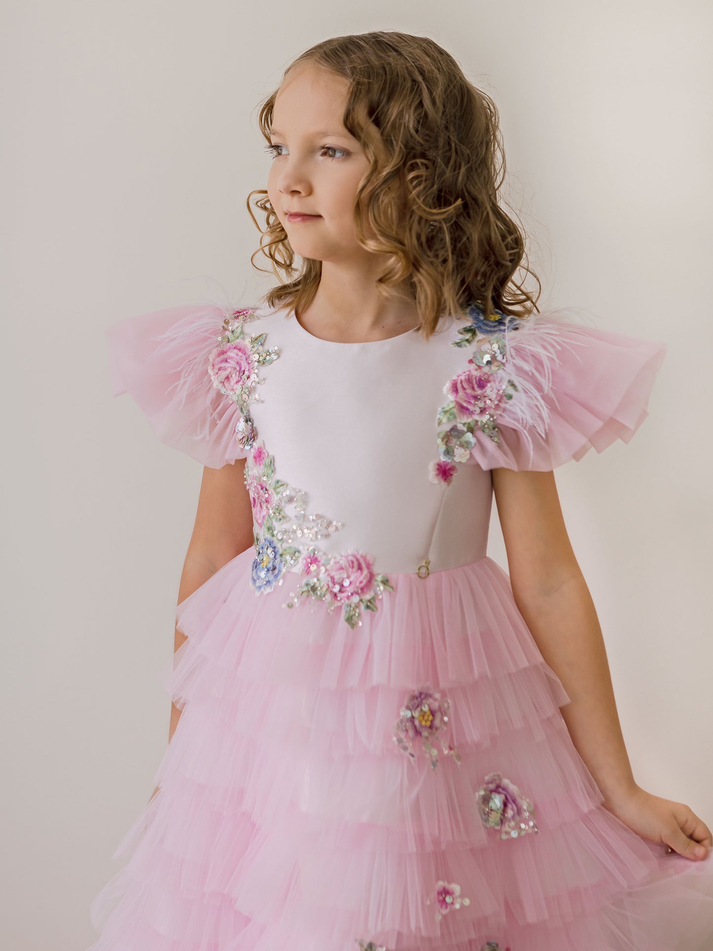 Pinky Blush Pink Girls Couture Dress with Floral Embroidery & Tiered Tulle Skirt