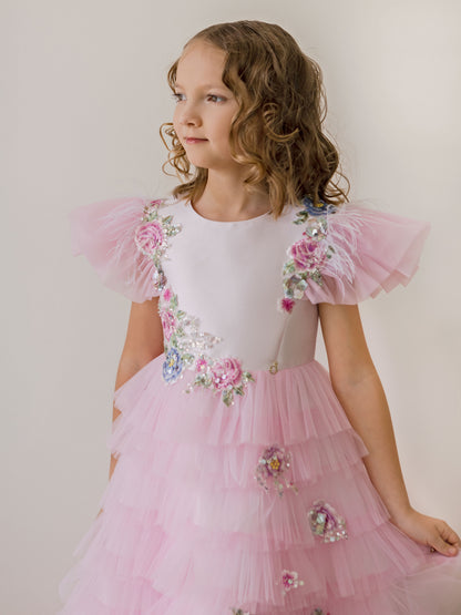Pinky Blush Pink Girls Couture Dress with Floral Embroidery & Tiered Tulle Skirt