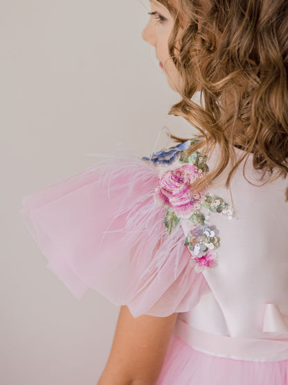 Pinky Blush Pink Girls Couture Dress with Floral Embroidery & Tiered Tulle Skirt