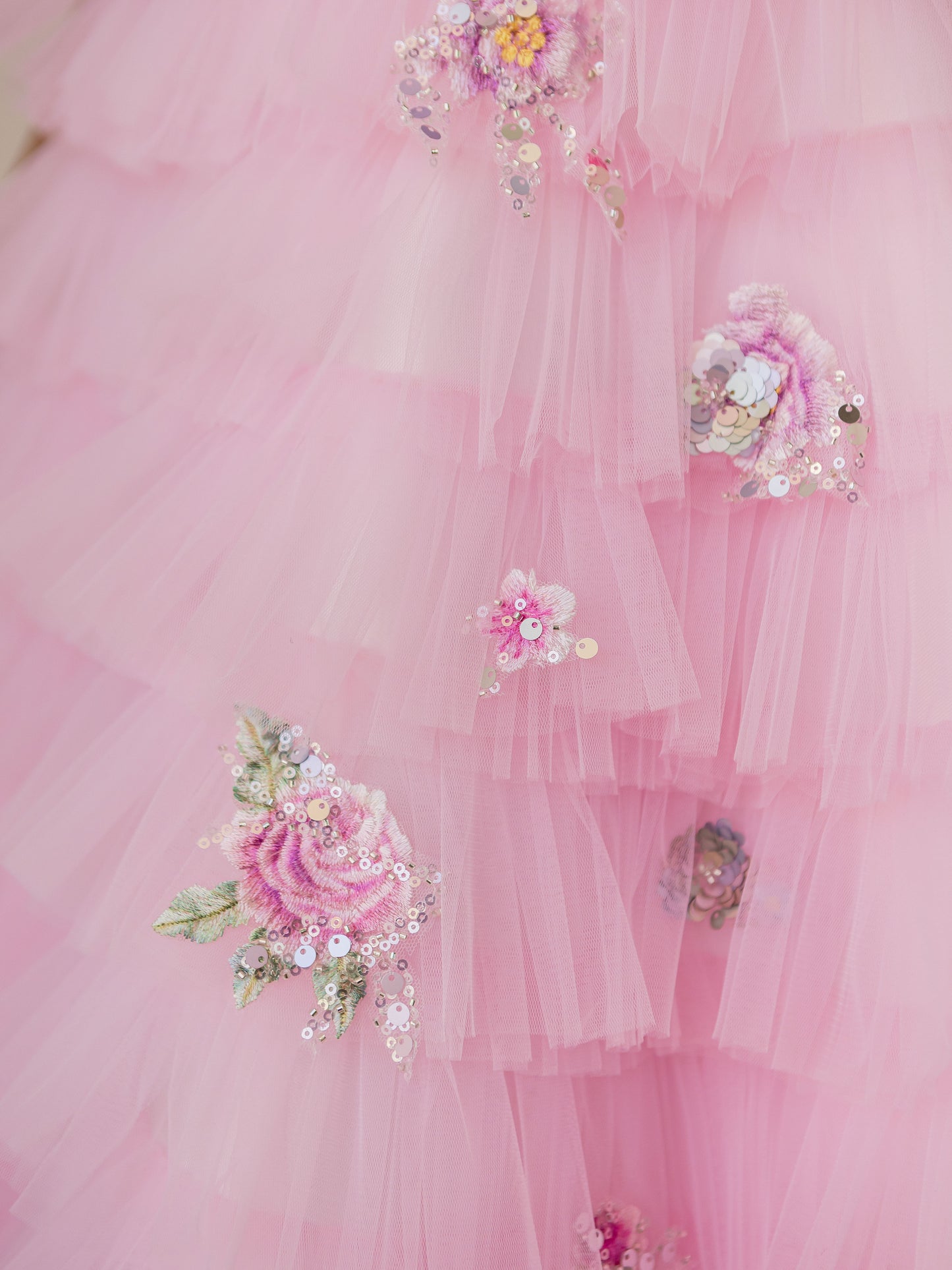 Pinky Blush Pink Girls Couture Dress with Floral Embroidery & Tiered Tulle Skirt