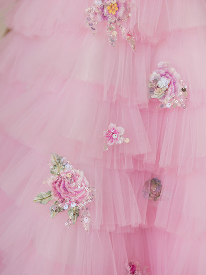 Pinky Blush Pink Girls Couture Dress with Floral Embroidery & Tiered Tulle Skirt