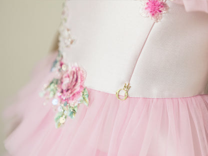 Pinky Blush Pink Girls Couture Dress with Floral Embroidery & Tiered Tulle Skirt