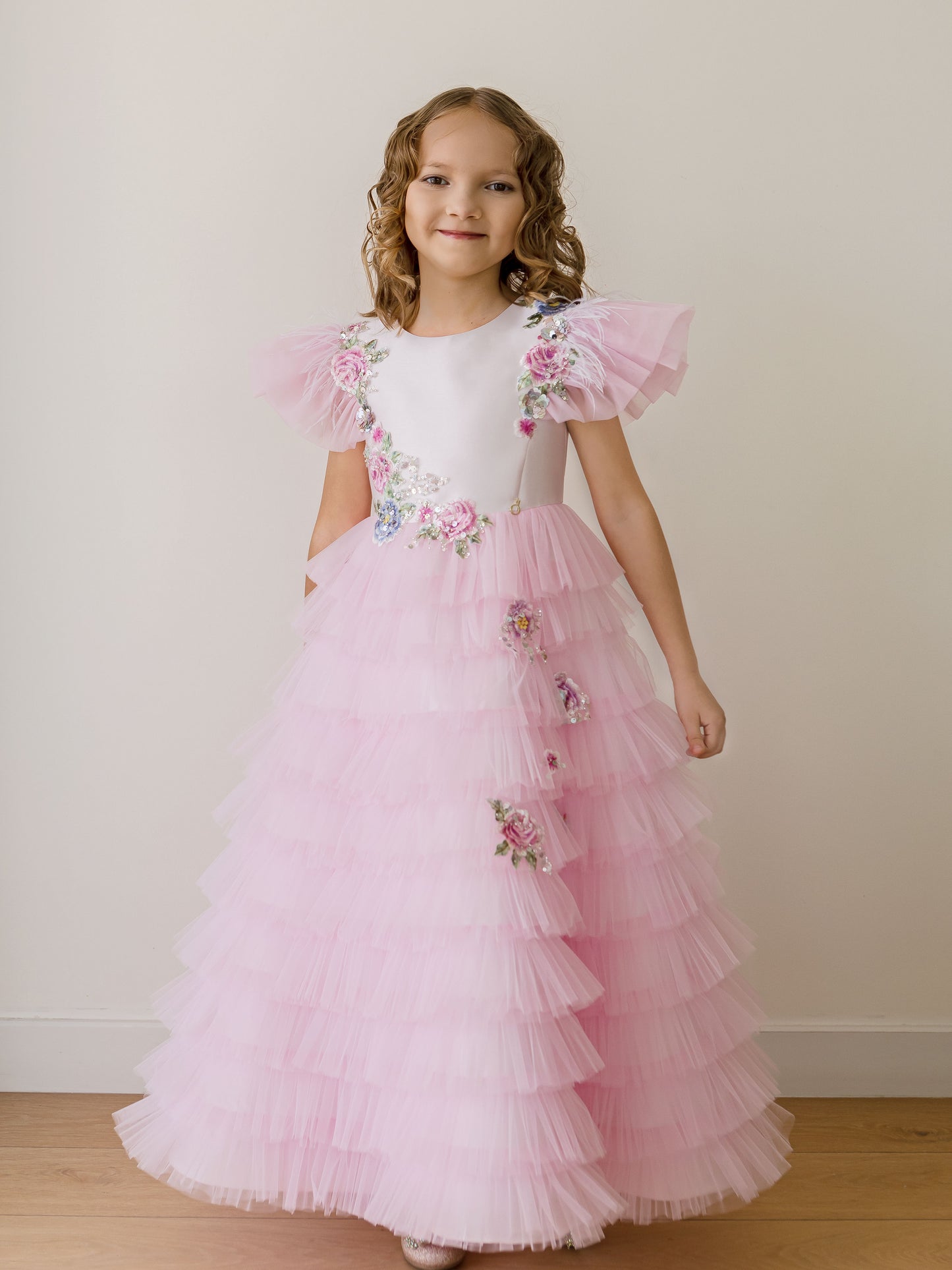 Pinky Blush Pink Girls Couture Dress with Floral Embroidery & Tiered Tulle Skirt