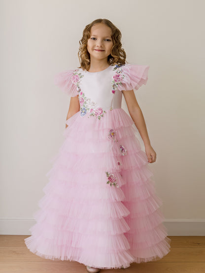 Pinky Blush Pink Girls Couture Dress with Floral Embroidery & Tiered Tulle Skirt