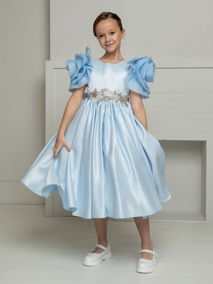 Mirana Designer elegant dress with rose-shaped sleeves BLUE