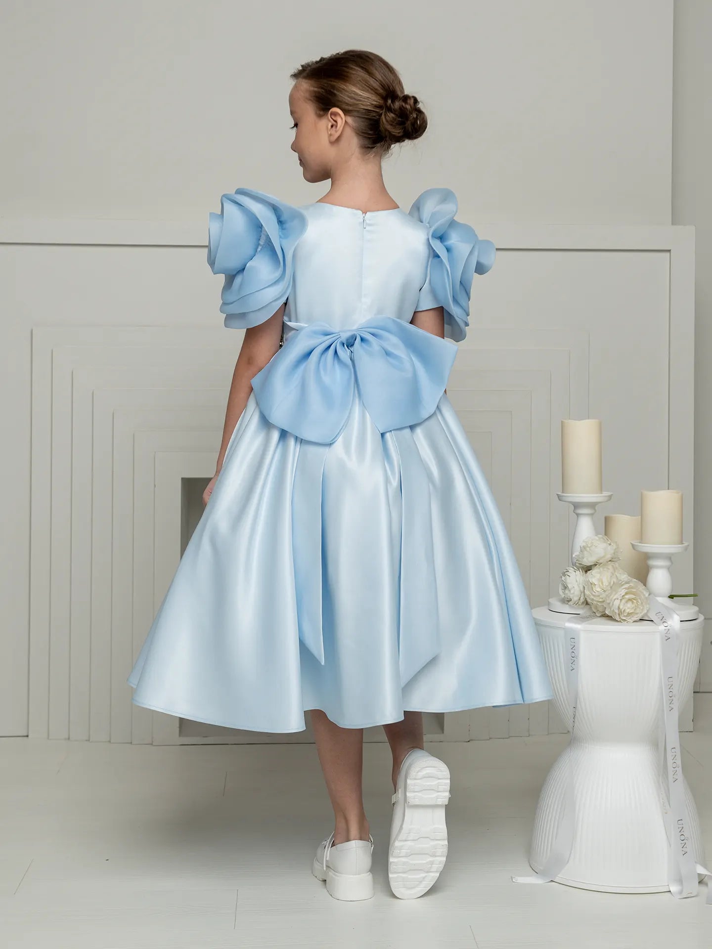 Mirana Designer elegant dress with rose-shaped sleeves BLUE