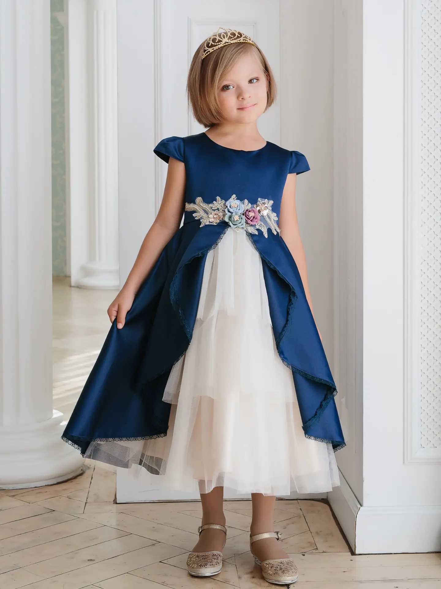 Chic draped solemn girl's dress with tiered skirt Disney Princess