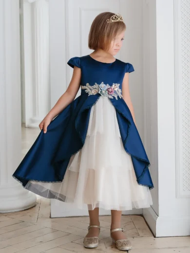 Draped, Gathered, Midi, Party, Designer, Two color, girl's dress with tiered skirt Unona d'Art