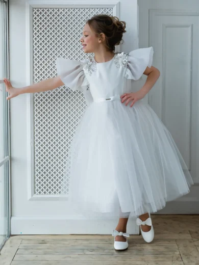 Ball gown for girl, Embroidered white dress with wide tulle dance skirt