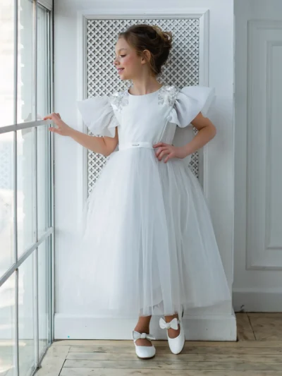 wing-sleeve, Designer, Solid-color white dress for girl