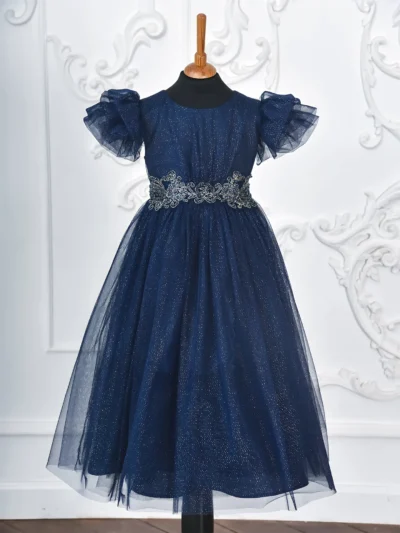 Unona d'Art Draped Maxi, Party, Short-sleeve, Designer blue silver girl's dress with wide skirt