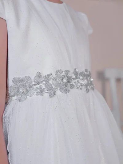 White girl's dress with silver Embroidery and wide tulle skirt