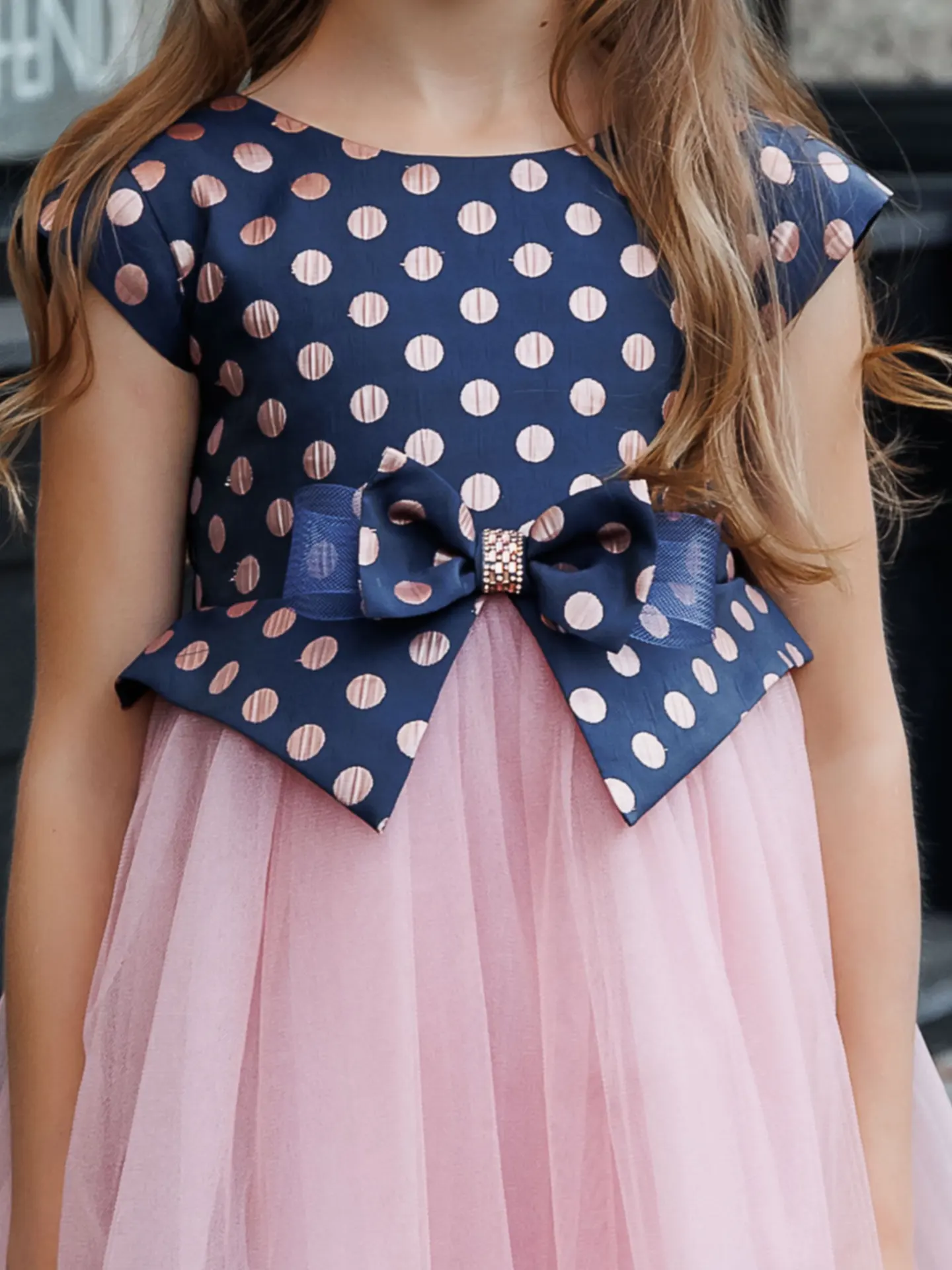 Polka dot, Midi, Party, Short-sleeve, Designer, girl's dress with a big bow