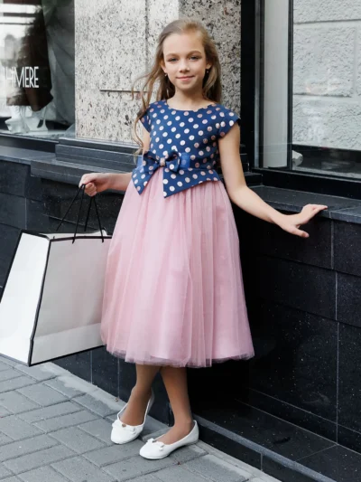 Bouffant, Cocktail, Printed, Polka dot, Midi, Party, Short-sleeve girl's dress with wide tulle dance skirt Madeleine