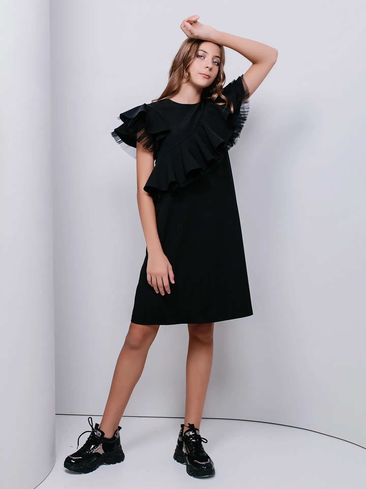 Little Black, Mini, Party, Short-sleeve, Designer girl's dress with a flounce