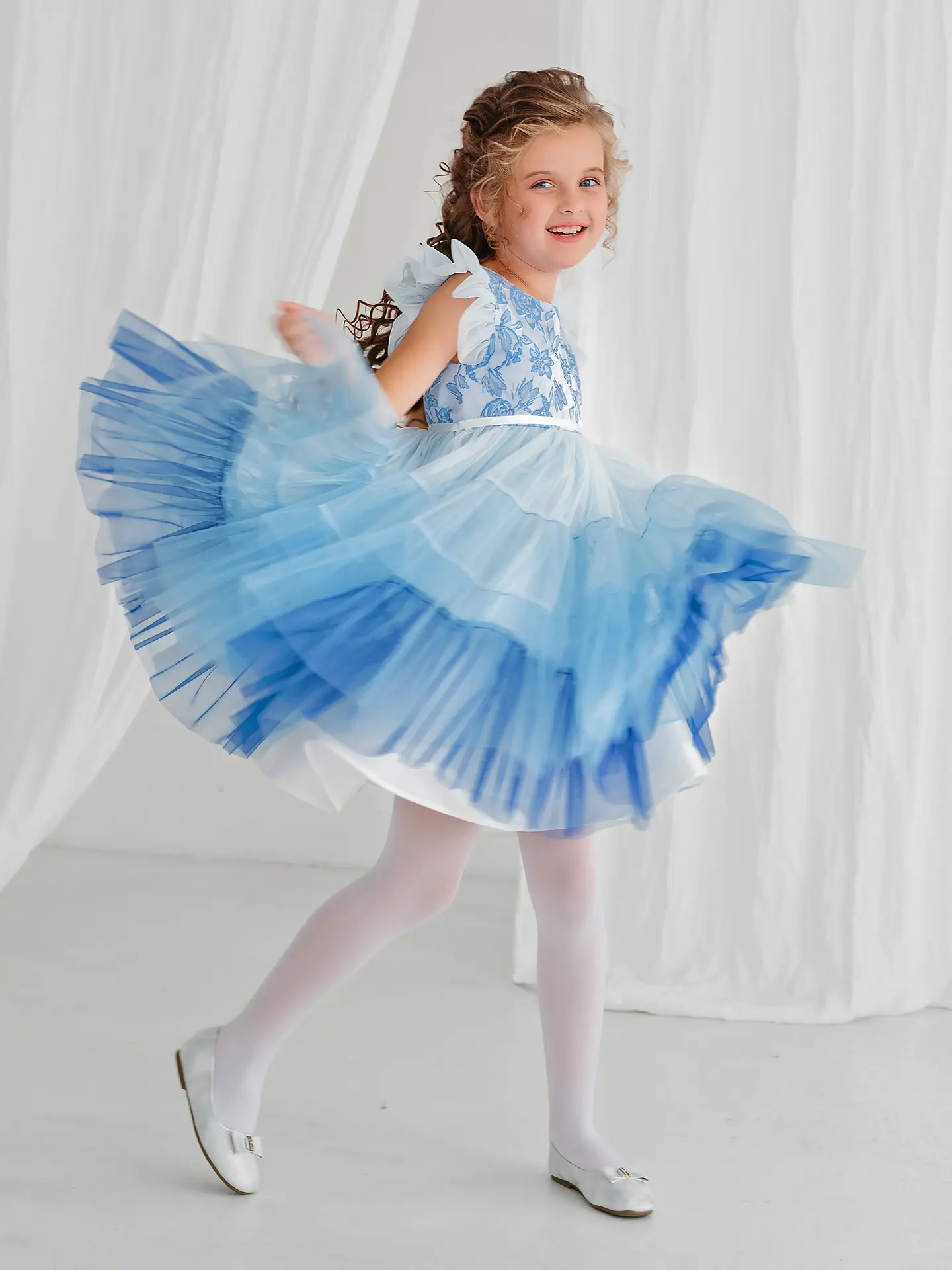 jacquard and tulle occasion blue dress for girl