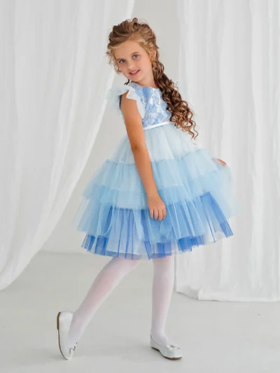 Dubai, Occasion blue girl's dress with wide tulle dance skirt