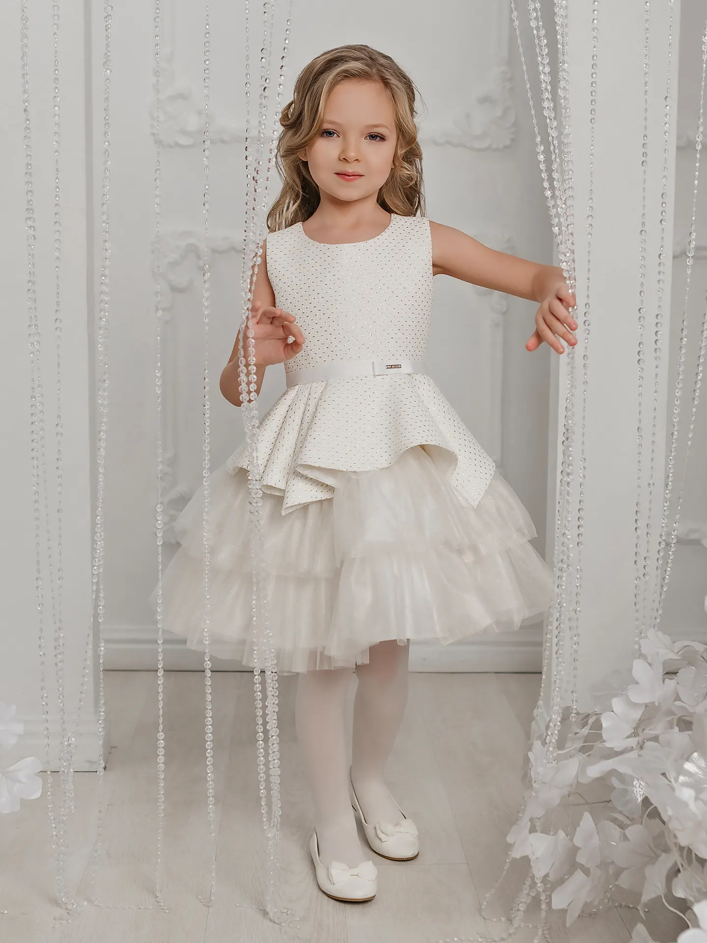 off-white peplum girl's dress with lush tiered skirt Fleur