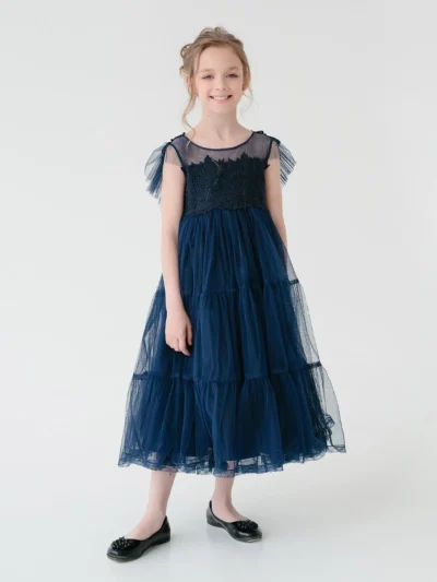 Maxi, Party, Short-sleeve, Aline Designer girl's dress with wide tulle dance skirt Penelope