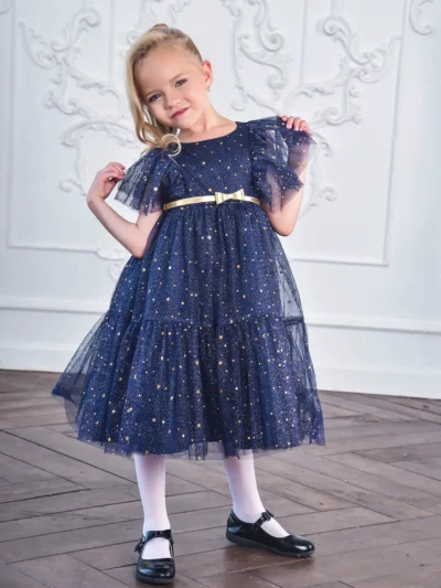 Constellation blue gold Unona d'Art girl's dress with wide tulle skirt