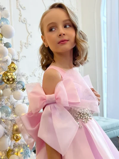 Pink Formal girl's dress with bows and crystals