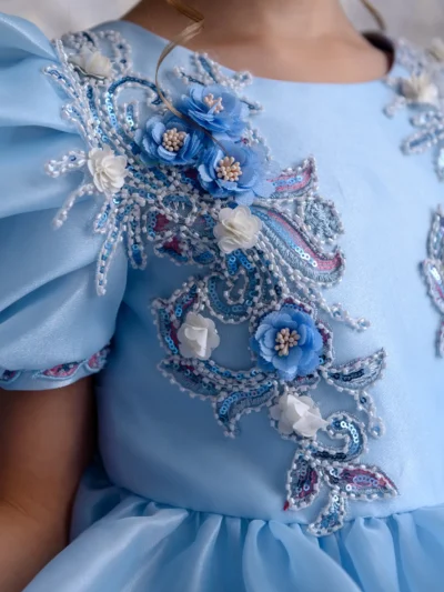 Embroidered blue girl's dress with flowers