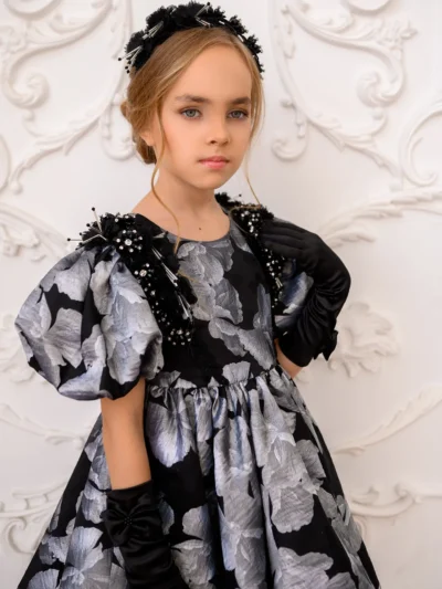 silver black girl's dress with embroidery and crystals Sonata Unona Finery