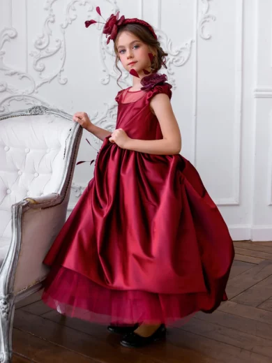 Winter Cherry Ball gown, Draped girl's dress for a special occasion