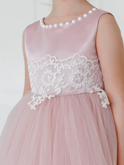 ball gone for a young girl with sleeveless stylish hand-beaded bodice, decorated with French lace and wide tulle dance skirt Unona d'Art